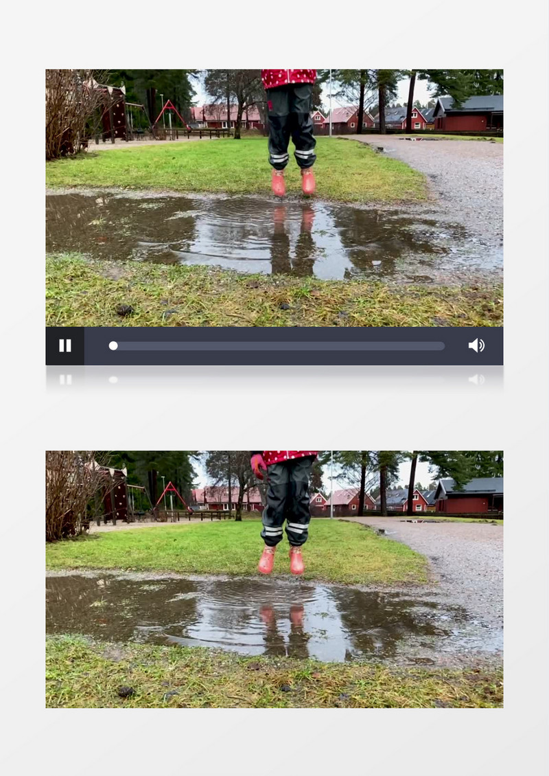 小女孩穿着雨靴在水坑跳跃实拍视频素材