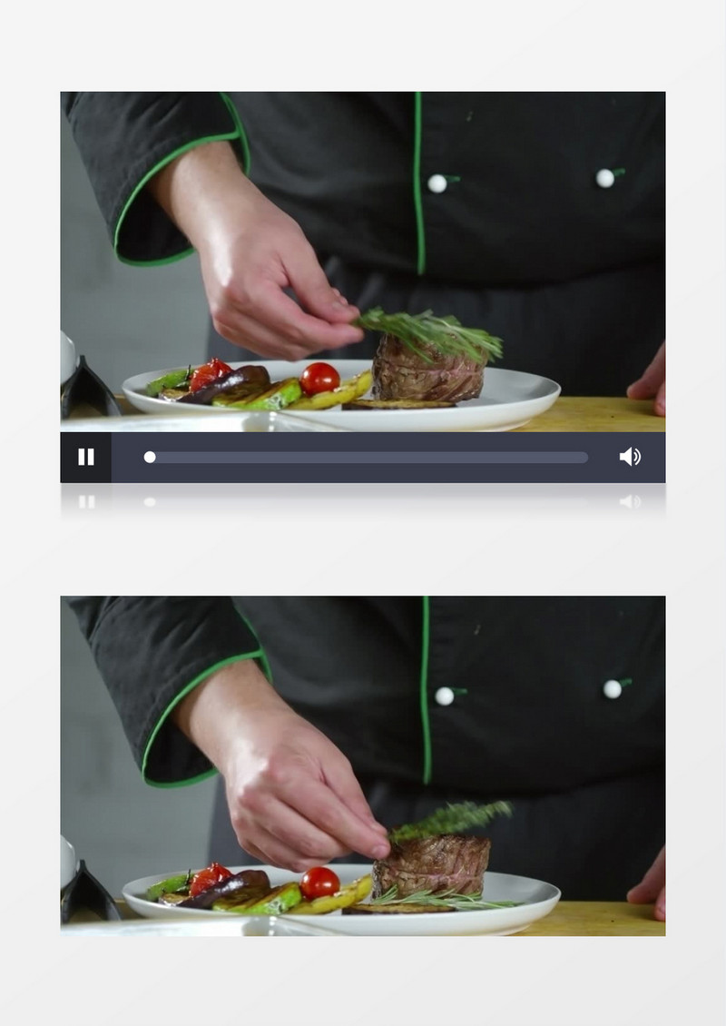 厨师在做好的菜上摆盘实拍视频素材