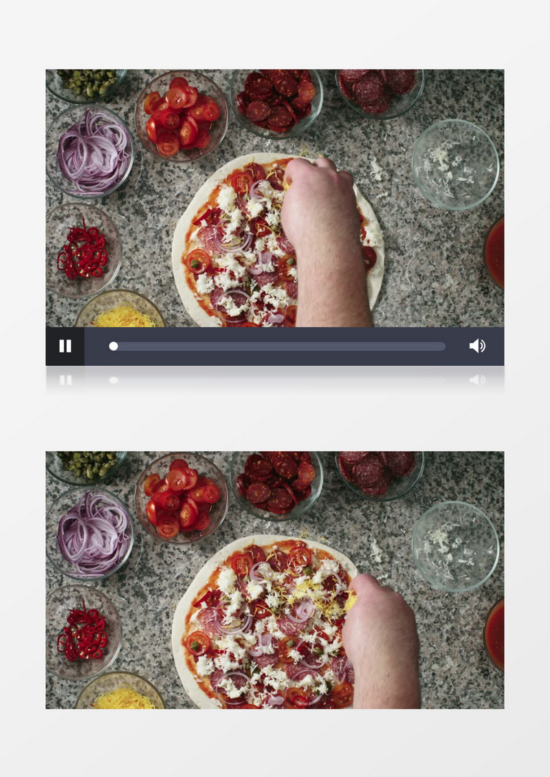 往没熟的披萨上撒芝士实拍视频素材