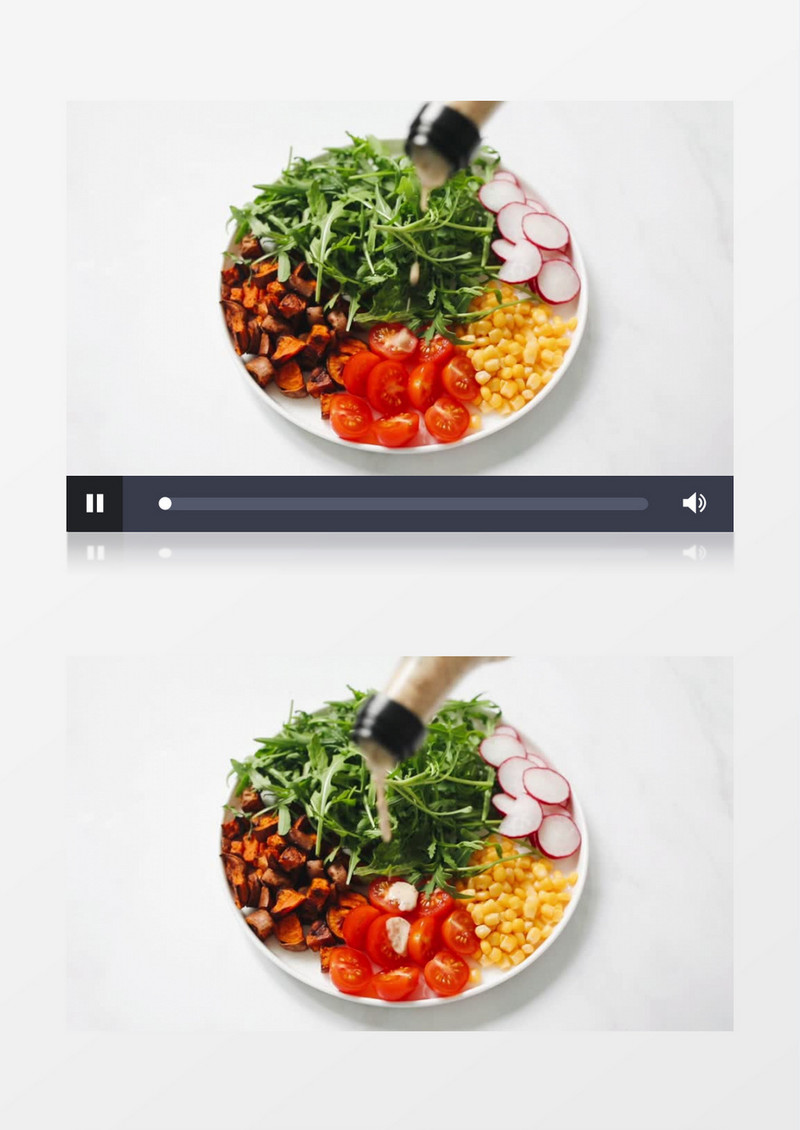 在盘中的蔬果中淋上沙拉酱实拍视频素材