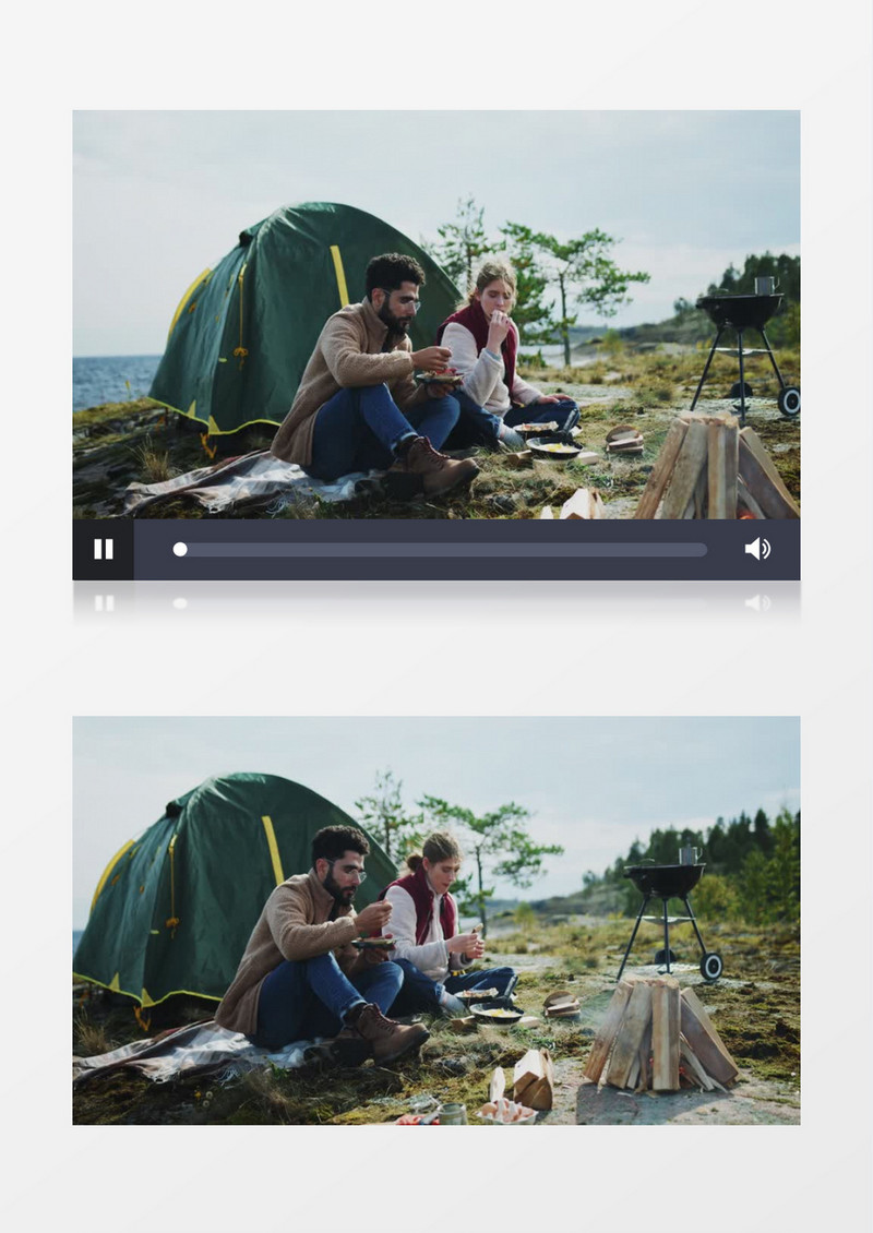 一对男女在野外烤火野餐实拍视频素材