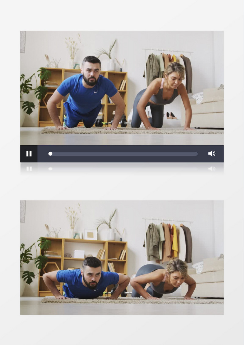 健身教练男女在做俯卧撑实拍视频