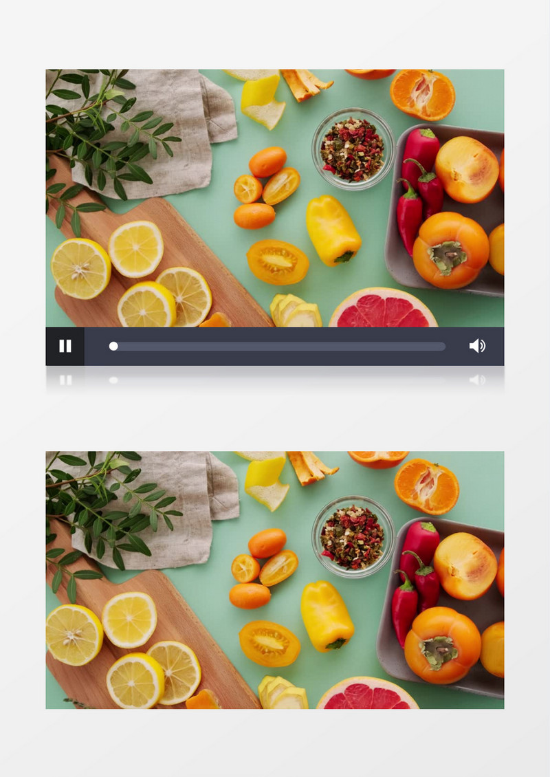 俯拍桌面上的水果和蔬菜实拍视频