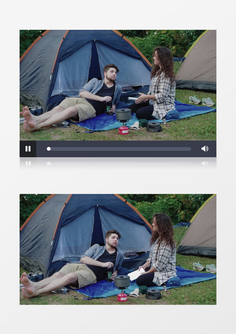 一对男女在帐篷边交流实拍视频素材
