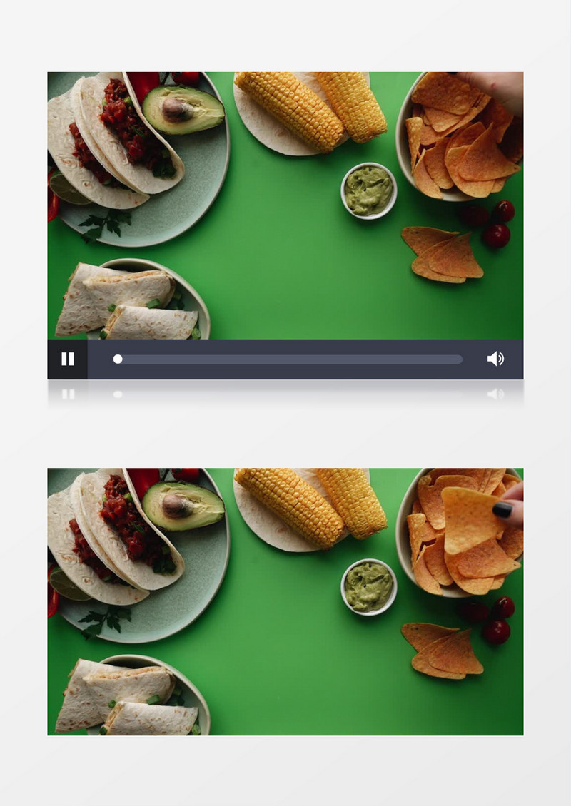 桌面上放置的玉米薯片卷饼等各种食物实拍视频素材