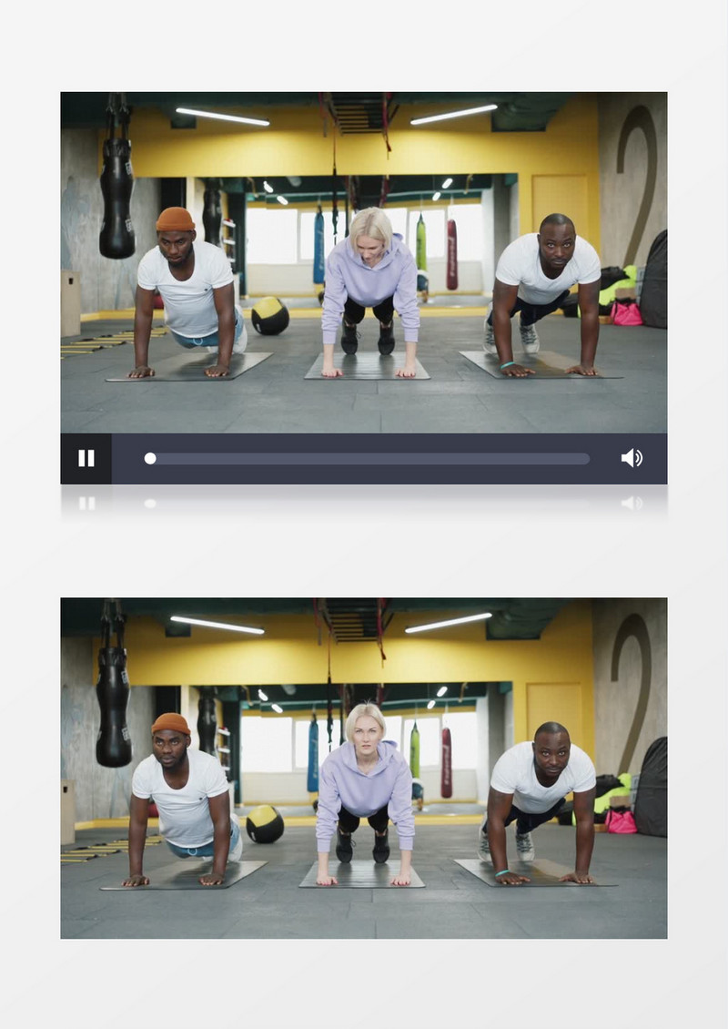 三人在健身房做俯卧撑实拍视频