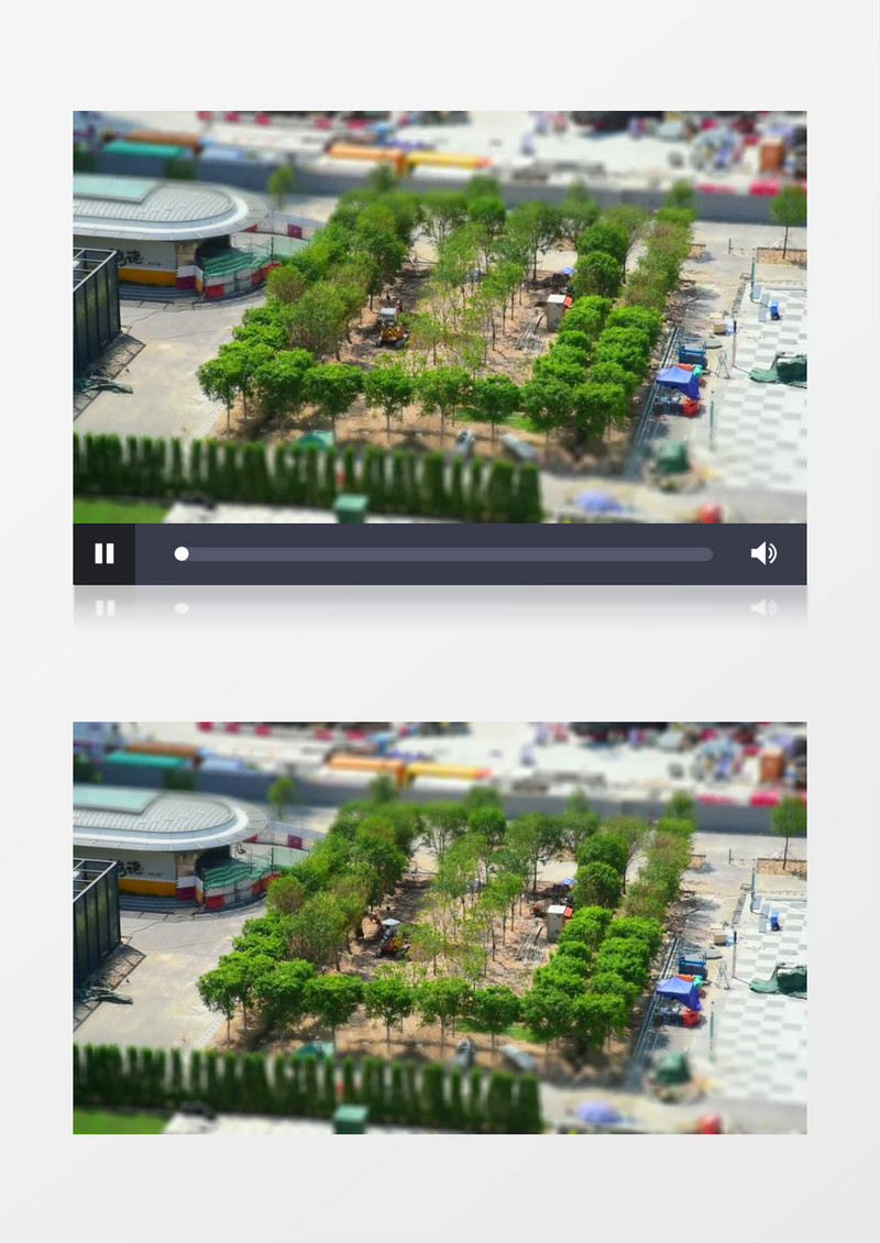 延时拍摄工人和挖掘机在绿化带中工作的景象实拍视频素材
