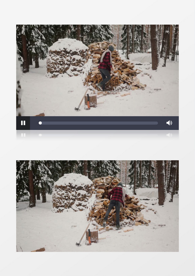 男人在雪中砍柴实拍视频素材