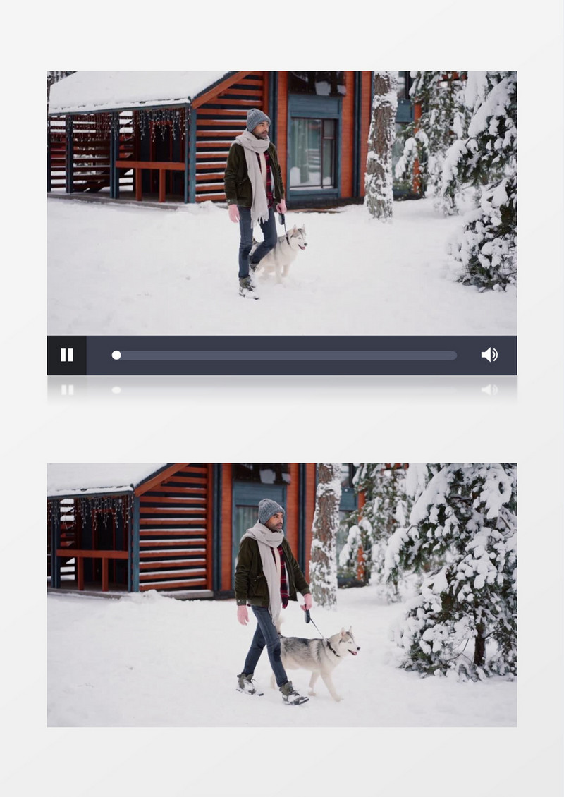 男人牵着哈士奇缓缓走过雪地实拍视频素材