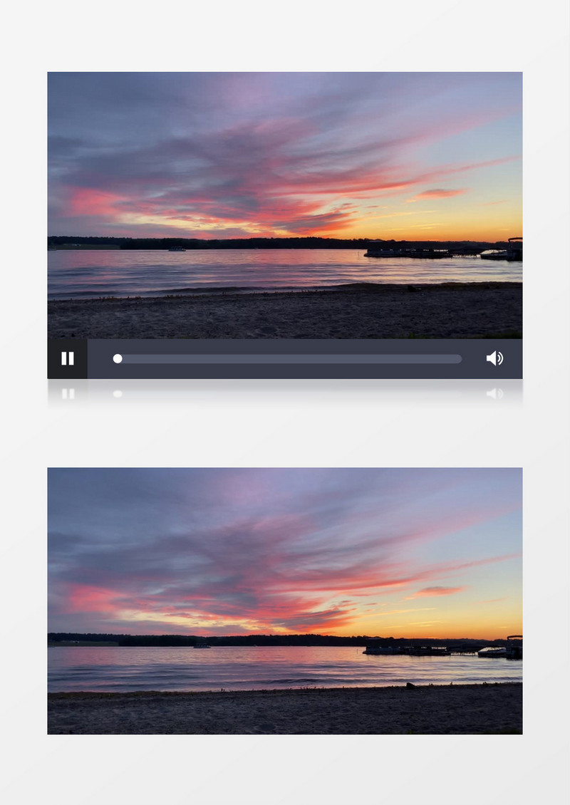 夕阳下海水缓缓冲向海边游艇驶回岸边实拍视频素材