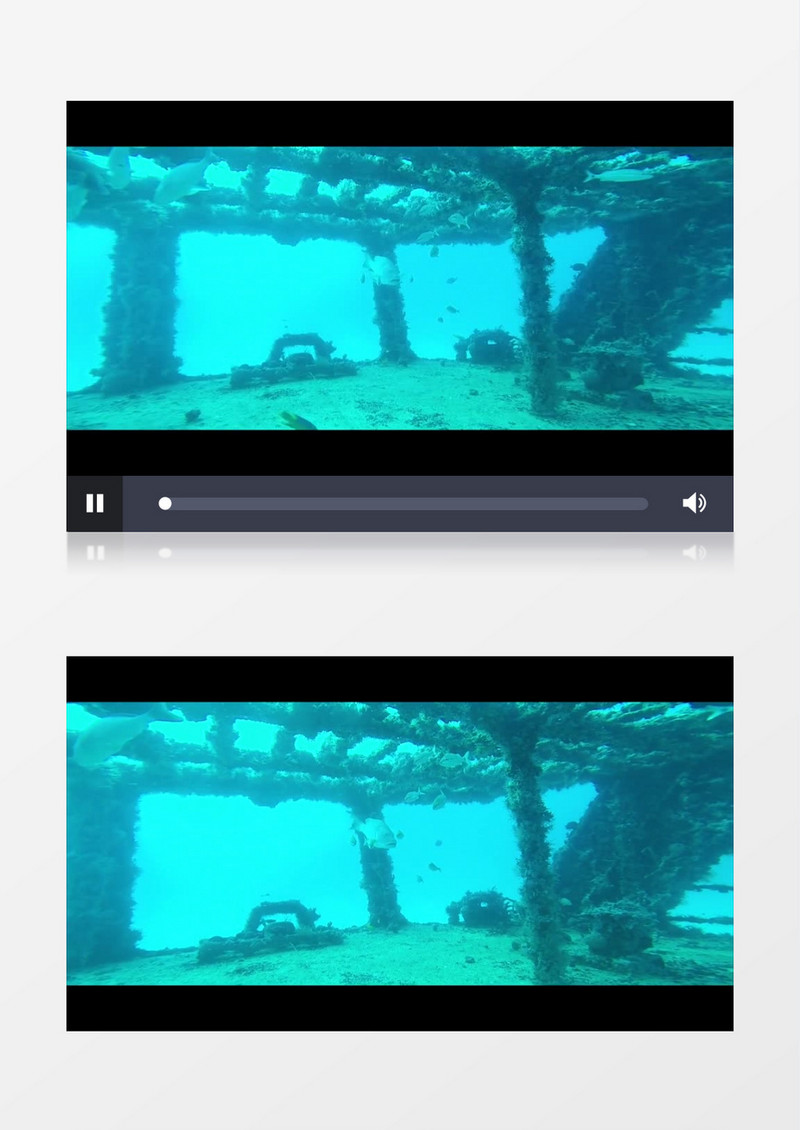 水下拍摄蓝色海底一群鱼在沉船处游动实拍视频素材