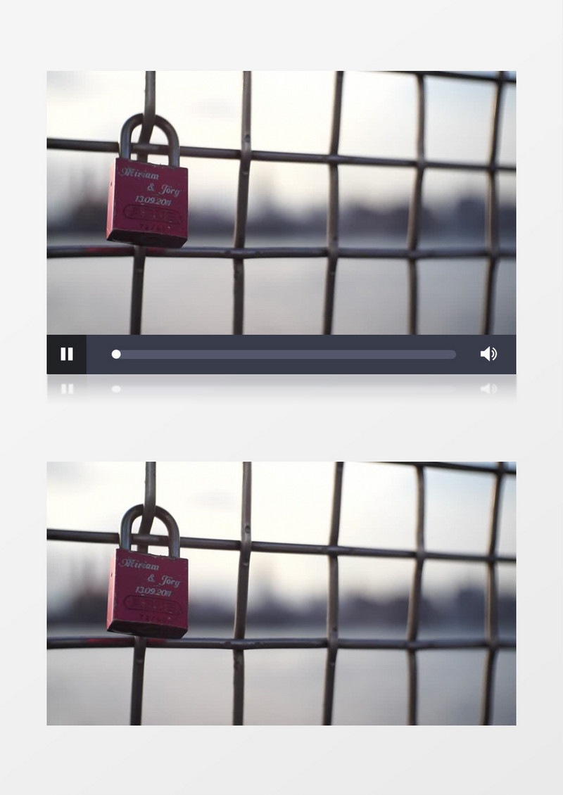 高清实拍挂在铁网上的小锁及远处的海水城市景观实拍视频素材