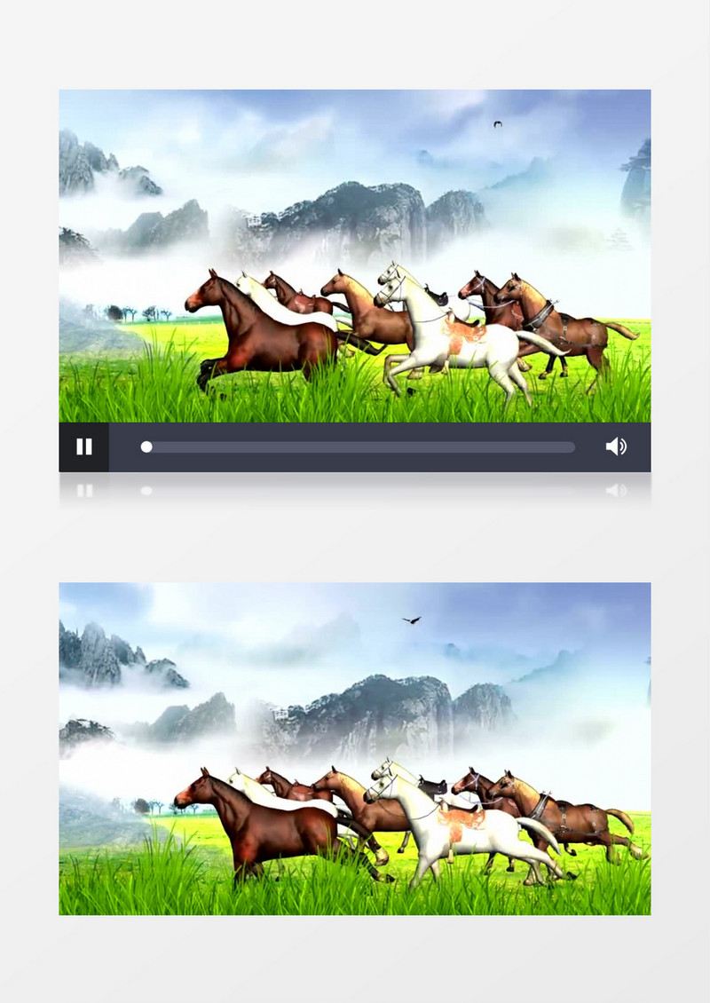 烟云缭绕的水墨草原骏马奔腾